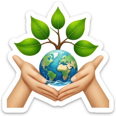 An icon featuring a green leaf, Earth held in hands, and a recycling symbol, symbolizing ecology. The design includes trees, clean water, and animals, representing environmental protection, sustainability, and ecosystems. Transparent background highlights the science of nature and conservation. sticker