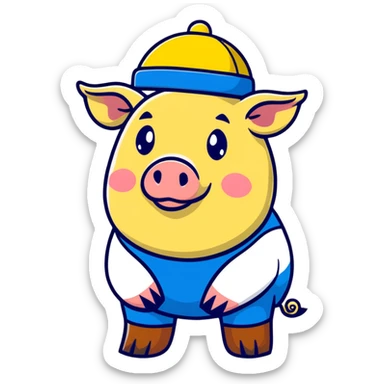 President Zelensky's head on a pig body wearing a yellow and blue hat sticker