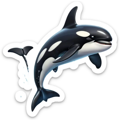 Meme-Worthy Breaching orca Portrait Emoji, Bursting powerfully out of the ocean with an impressive, high-energy leap, showcasing a sleek black-and-white body glistening with water droplets and dynamic, arched posture, Simplified yet exhilaratingly expressive features, highly detailed, glowing with a vibrant marine energy, high shine, bold and full of life, stylized with an air of untamed ocean spirit, soft glowing outline, capturing the essence of an orca mid-breach, radiating pure, unstoppable aquatic power! sticker