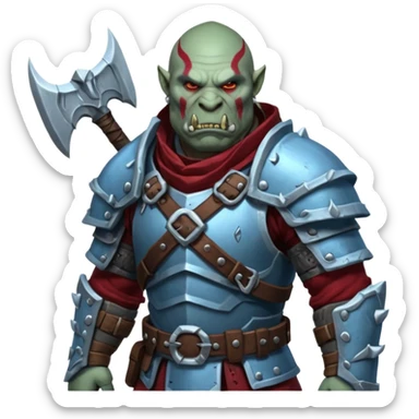 
Fantasy Christmas orc legion soldier icon, iron tundra army theme, heavy winter armor, disciplined brutal look, icy blue steel armor with deep crimson accents, frozen metal texture, cold winter atmosphere, male variant sticker