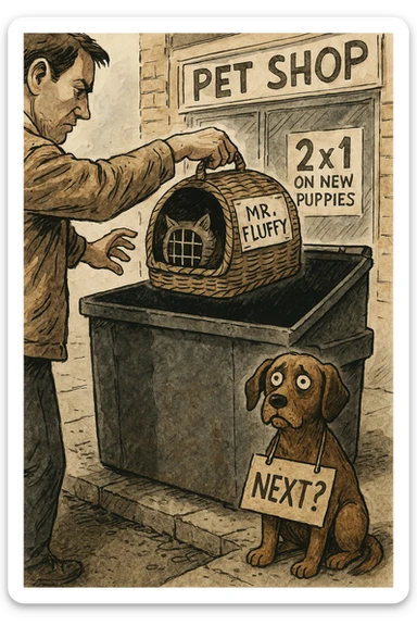 "Primo piano dell'uomo che butta il cesto del gatto (con ancora la scritta 'Mr. Fluffy') nel cassonetto, mentre il cane lo guarda terrorizzato con un cartello al collo: 'PROSSIMO?'. Sullo sfondo, un negozio di animali con l'insegna '2x1 su nuovi cuccioli'. Stile illustrazione editoriale, inchiostro e acquerello." sticker