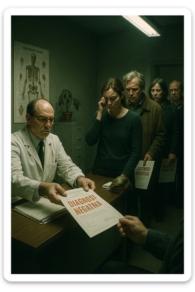 A realistic, cinematic illustration set in a dull, grey-toned medical office. A middle-aged male doctor in a white coat with a stern, cold expression is seated at his desk, handing out medical reports with large red ‘Negative Diagnosis’ stamps to each patient in line. The patients, of various ages and appearances, stand in a line, each looking increasingly sad, defeated, and demoralized as they receive their papers, with slumped shoulders and empty gazes. One young woman wipes away a tear, while a man stares at the paper in shock. The background shows medical posters, a faded plant, and harsh fluorescent lighting, emphasizing the cold, mechanical environment. The mood is heavy, illustrating how negative diagnoses delivered without empatia can deeply affect the mental health and morale of patients. The style is realistic, with subtle filmic grain, emphasizing emotional impact and the weight of medical words on people’s lives. in italiano sticker