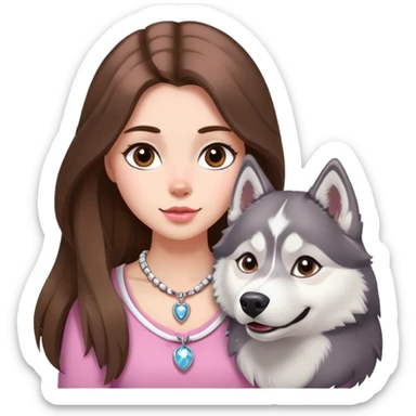 Girl with Brown long hair with husky white and grey and pink necklace for the husky  sticker