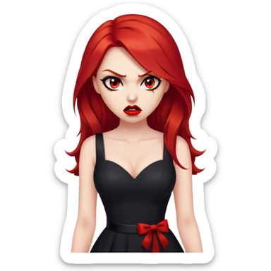 a beautiful very angry woman with long red hair and red eyes. The woman wear a black little cutted dress. She have red lipstick and she have a seductive look. Angry face sticker