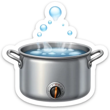 small metal pot filled with boiling water on a stove, visible hot steam and rising bubbles, realistic heat effect, shiny pot surface, bright lighting, clean white background sticker