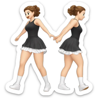 alistic-full-body-caucasian-curvy-beauty-jumping-short-black-skirt-back-and-front-views-strong-wind-white knickers-long-white-socks sticker