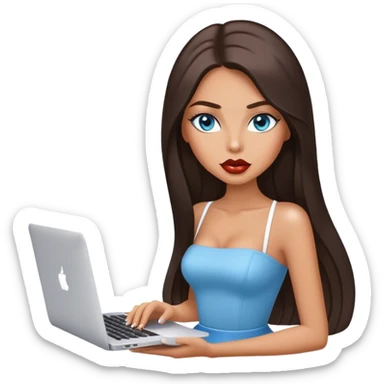 Glamours tanned very beautiful girl with big pump lips and dark chocolate straight smooth long hair, blue-grey eyes with MacBook sticker