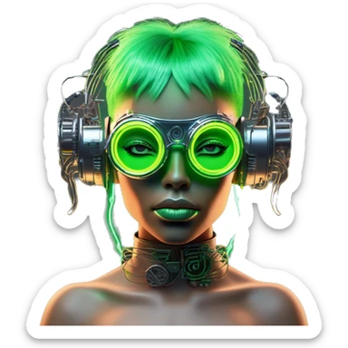 Neon green bobbed hair Latina female cyborg head with silver steampunk goggles and circuits sticker