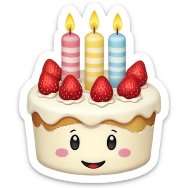 Jellycat vanilla cake with white frostting and strawberries on top with one candle with smiley face sticker