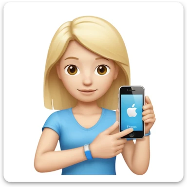 3D emoji character in Apple iPhone style, blond hair, no glasses, white tattoo on the arm, holding an iPhone in one hand, cute and friendly expression, smooth and shiny skin, minimalistic design, high quality, vibrant colors, realistic lighting, isolated on white background sticker