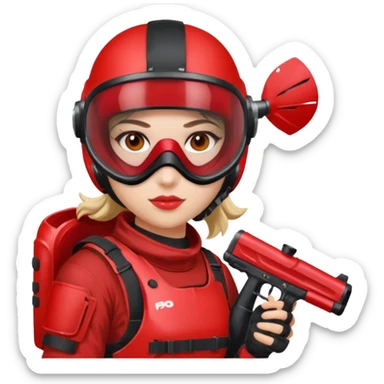 girl playing paintball with red paintball gear and only face sticker