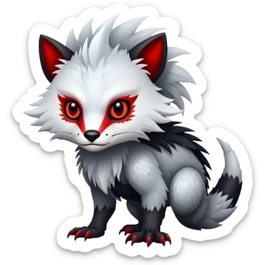 a white and silvery exotic edgy vernid-fionbr-Fakémon-creature, with black belly and red eyes, full body sticker