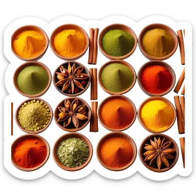 Assorted colorful spices in small bowls, including red paprika, yellow turmeric, green herbs, and brown cinnamon sticks sticker