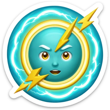 Uranus planet emoji in Apple-style, blue-green with dynamic rings, a large, fun, excited, and expressive face, and one big yellow lightning bolt in front, symbolizing chaotic and unexpected energy. sticker