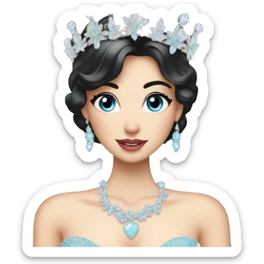 Gorgeous pastel Lady with black hair blue eyes in a sparkly shiny dress with tiara and necklace and flowers behind her and trending  sticker