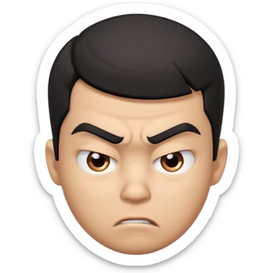 Create a 3D cartoon-style boy character with light brown skin, short straight black hair swept to one side covering part of his forehead, and an angry or annoyed expression. Sharp eyebrows, narrowed eyes, and lips pressed in irritation. sticker