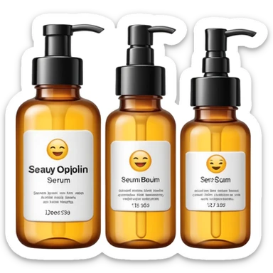 emoji of three beauty products (tube, serum, jar), wit labels, minimalistic but luxury design (realistic) sticker