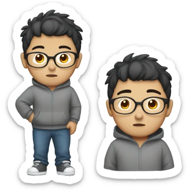 asian boy with bad haircut, glasses, grey hoodie, chuby sticker