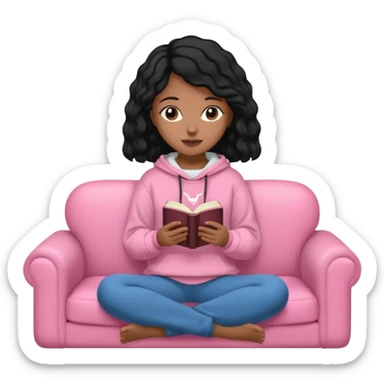 Una chica linda de cabello negro con ondas hasta los hombros de piel blanca con una sudadera rosa en un sofá cómodo y hermoso leyendo la biblia sticker