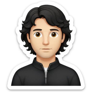 Caucasian man with black wavy hair wearing a loose-fitting long sleeve black shirt with collar and zip to the chest sticker