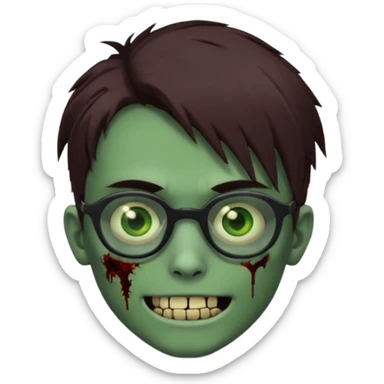 Zombie emo boy, green skin and brown hair and eyes, black glasses and a scary smile with a cut on the side, scars and blood under eyes sticker