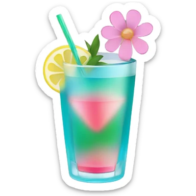 Blue/green cocktail with pink flowers and lemon and straw sticker