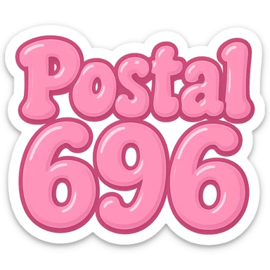 Change the font color to pink for 'Postal 696', keeping the extra puffy bubble letter style, whimsical and lighthearted, with a transparent background. Maintain the playful and bubbly appearance of the letters. sticker