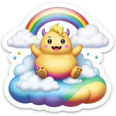 3D, Kawaii derpy fat rainbow monster sitting on a magic rainbow hued cloud, rich textures, visually detailed, so lifelike that it feels like it could leap off the page at any moment sticker