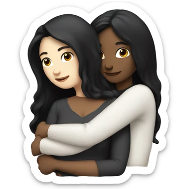 A lesbian couple with white skin and long black hair hugging intimately, and romantically. sticker