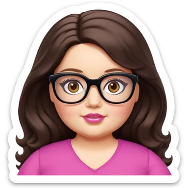  woman, long dark brown wavy hair, very light fair skin, hazel eyes, glasses, very chubby, barbie doll style,  sticker