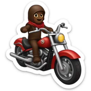 a chocolate brown doodle riding a motocycle with a red and black handkerchief sticker