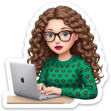 a european white young woman with long wavy/curly brown hair typing in a computer, she's using dark brown leopard glasses and knit green sweate, her lips are light red and her cheeks slightly pink sticker