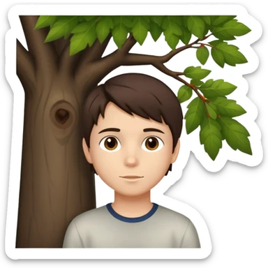 boy with straight short brunette hair brown eyes and tree behind sticker