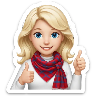 Blonde Girl, Blue Eyes, wavy hair, smiling, thumbs up, wearing red Checkered Triangle scarf, white dress sticker