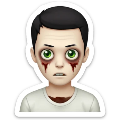 um garoto zombie de cabelo preto, com olhos castanhos esverdeados de camisa branca. sticker