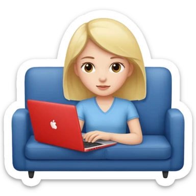 A girl is working with a laptop while lying on the sofa sticker