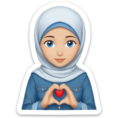 Turkish beautiful finish Konya girl blue eyes with denim hijab islamic dress and making heart with hands and with thank you text sticker