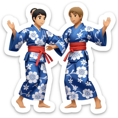 Cinematic Realistic scene of two performers engaging in Bon Odori, dressed in traditional yukata with intricate summer patterns, captured in graceful, rhythmic motion with warm, festive lighting sticker