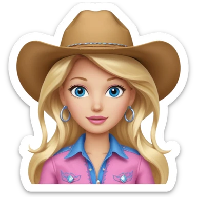 Cowgirl barbie in a pink outfit with cowboy hat with long blonde hair and blue eyes sticker