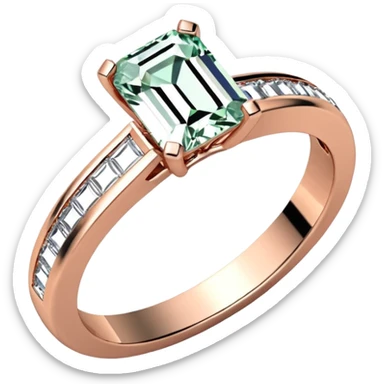 A rose gold, emerald cut diamond engagement ring. The band is a half eternity band sticker