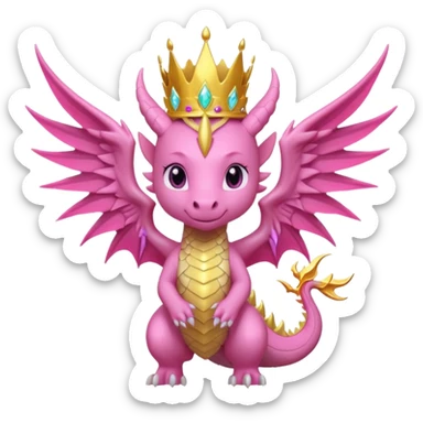 cute pink dragon queen with crown, huge wings, glowing aura, lightning and magic energy, epic fantasy kawaii style, powerful pose, bold outline, transparent background, twitch emote sticker
