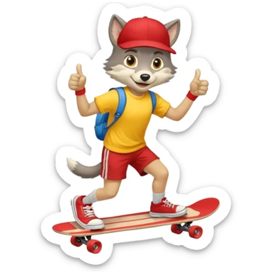 A gray wolf with large, expressive eyes and a friendly smile. The gray wolf is wearing a bright yellow T-shirt, red shorts, white knee socks, and sneakers. The baseball cap is worn backwards. The wolf holds a skateboard in one hand and gives a thumbs-up with the other, a confident and cheerful pose. sticker