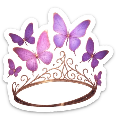 a fantasy butterfly crown in rose gold, with pink and purple butterflies and a magical glow sticker