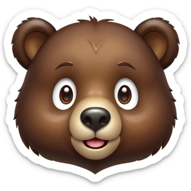 Cinematic Cute Bear Portrait Emoji, Head tilted playfully and inquisitively, featuring a glossy dark brown fur with a natural sheen and round, sparkling eyes filled with gentle curiosity, Simplified yet irresistibly adorable features, highly detailed, glowing with a warm, friendly glow, high shine, affectionate and mighty, stylized with a touch of woodland whimsy, bright and endearing, soft glowing outline, capturing the essence of a mischievous yet loving bear, so playful it feels like it could amble out of the screen and into your arms! sticker