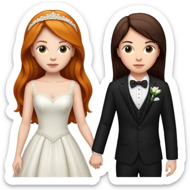 two girls getting married. one ginger with long hair in a BLACK SUIT. one DARK Haired brunette in a WEDDING dress sticker