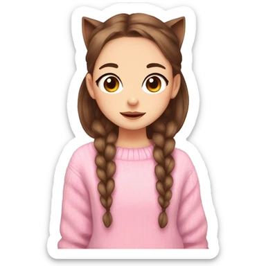 a twitch emote of a cartoon girl with the cutest brown big eyes and brown hair in pigtails with wight cat ears wearing a pink sweater sticker