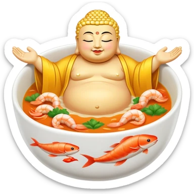 Buddha Jumps Over the Wall luxury soup with seafood and premium ingredients, simplified emoji style with bold outlines and bright colors, cartoon style famous Chinese delicacy sticker