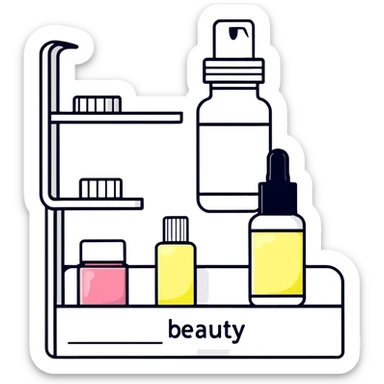 big long white shelf with one serum bottle labeled beauty brand and large sticky note next to it sticker