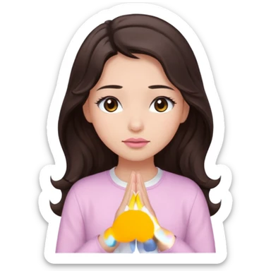 girl with wavy long glamorous dark brown hair, brown eyes, light to medium complexion, long lashes, light pink lipstick, praying, wearing light pink shirt sticker