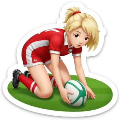 Chica de pelo rugby tirada en el suelo de un campo de rugby boca abajo agarrando un balón con las manos vestida con una equipación de color rojo y blanco con líneas y con unas botas de tacos de fútbol, con un bucal en la boca sticker
